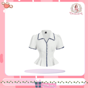 Áo sơ mi trắng viền xanh dáng corset